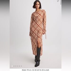 NA-KD Flowy Rust Check Midi Dress Size 34 NWT